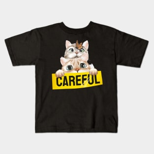 cute cats with butterfly holding careful sign illustration Kids T-Shirt